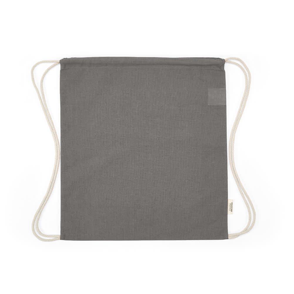 A grey drawstring bag with rCotton fabric and natural rope straps. Features a small branding logo.