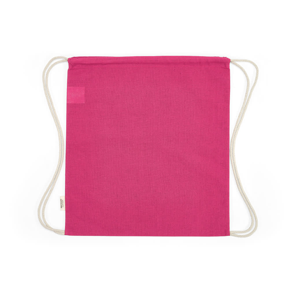 A pink drawstring bag made from rCotton, featuring natural rope straps and a small logo.