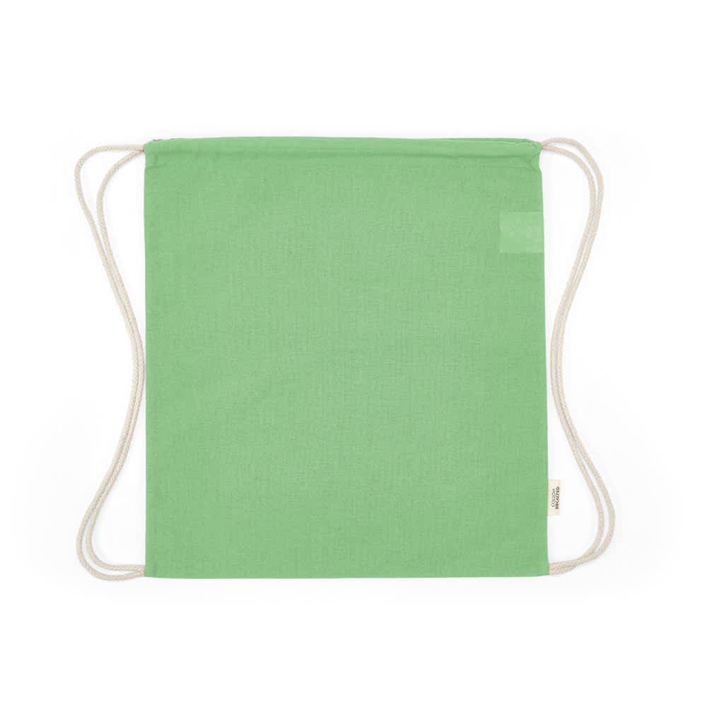 A green drawstring bag made from rCotton, featuring rCotton rope straps and a simple design.
