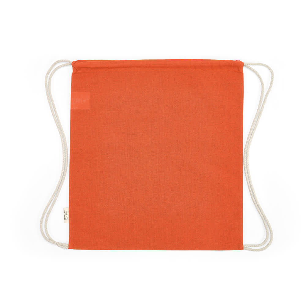 An orange drawstring bag with cream rCotton rope straps and a logo.