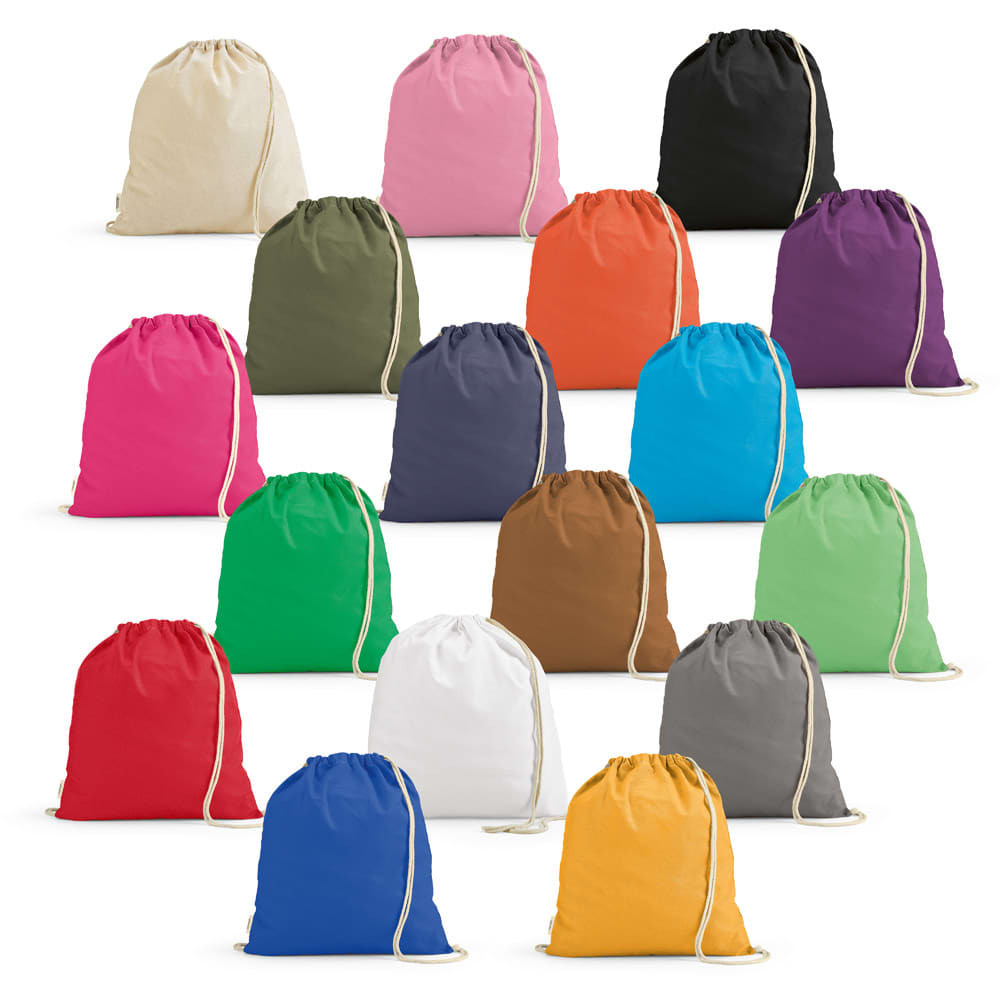 A collection of Lhotse drawstring bags in various colours, featuring rCotton fabric and rope straps.