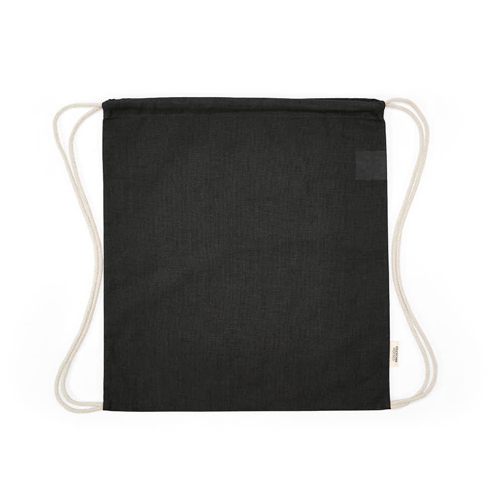 A black drawstring bag made from rCotton featuring natural rope straps and a branding logo.