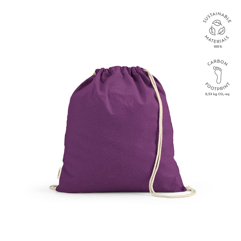 A purple drawstring bag made from rCotton with cream rope straps and a logo.