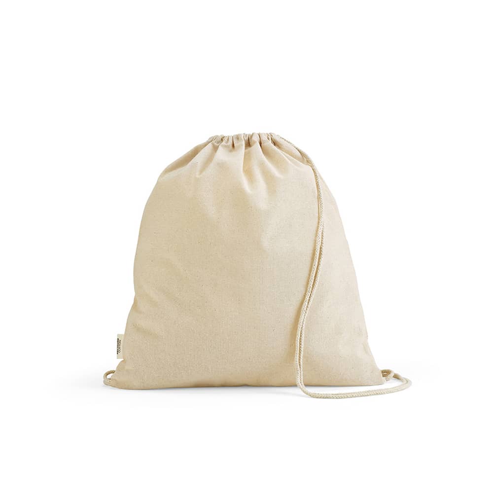 A beige drawstring bag made of rCotton with matching rope straps, featuring a logo.