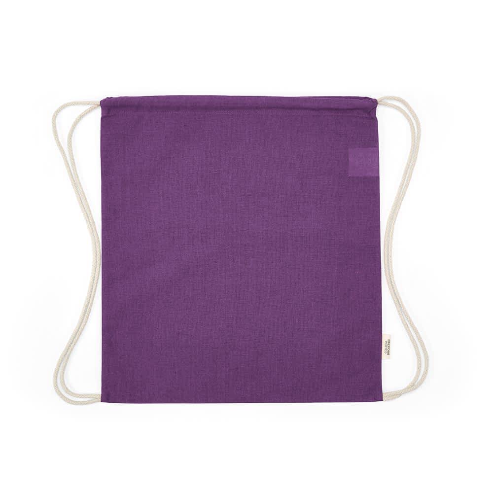 A purple drawstring bag with cream rope straps, featuring a simple design and no visible branding.
