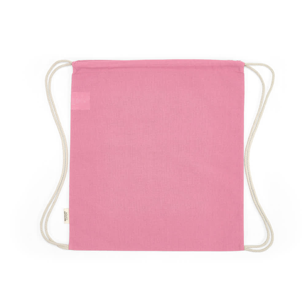 A pink drawstring bag made from rCotton, featuring white rope straps and a logo.