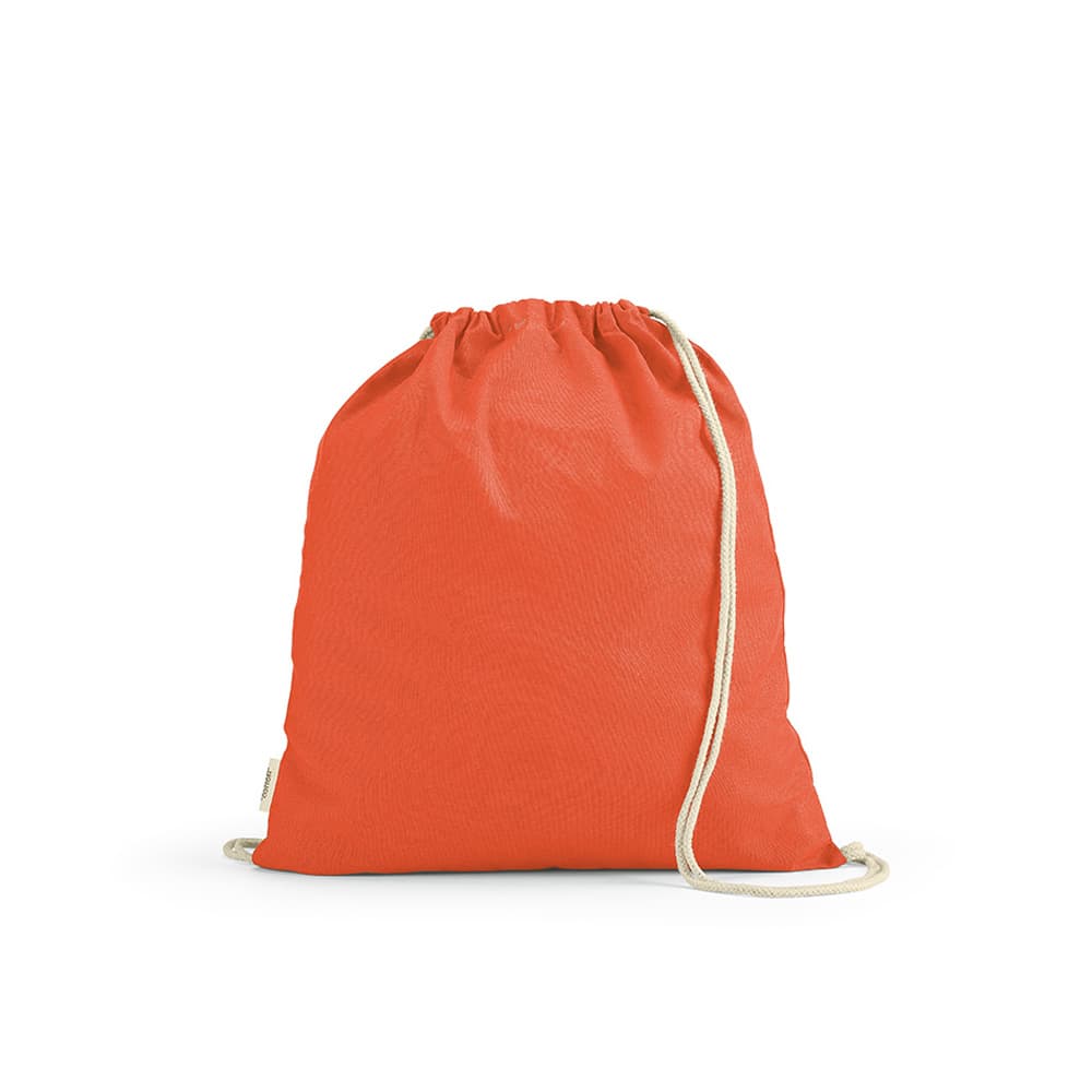 An orange drawstring bag made from 140gsm rCotton with cream rope straps, featuring a logo.