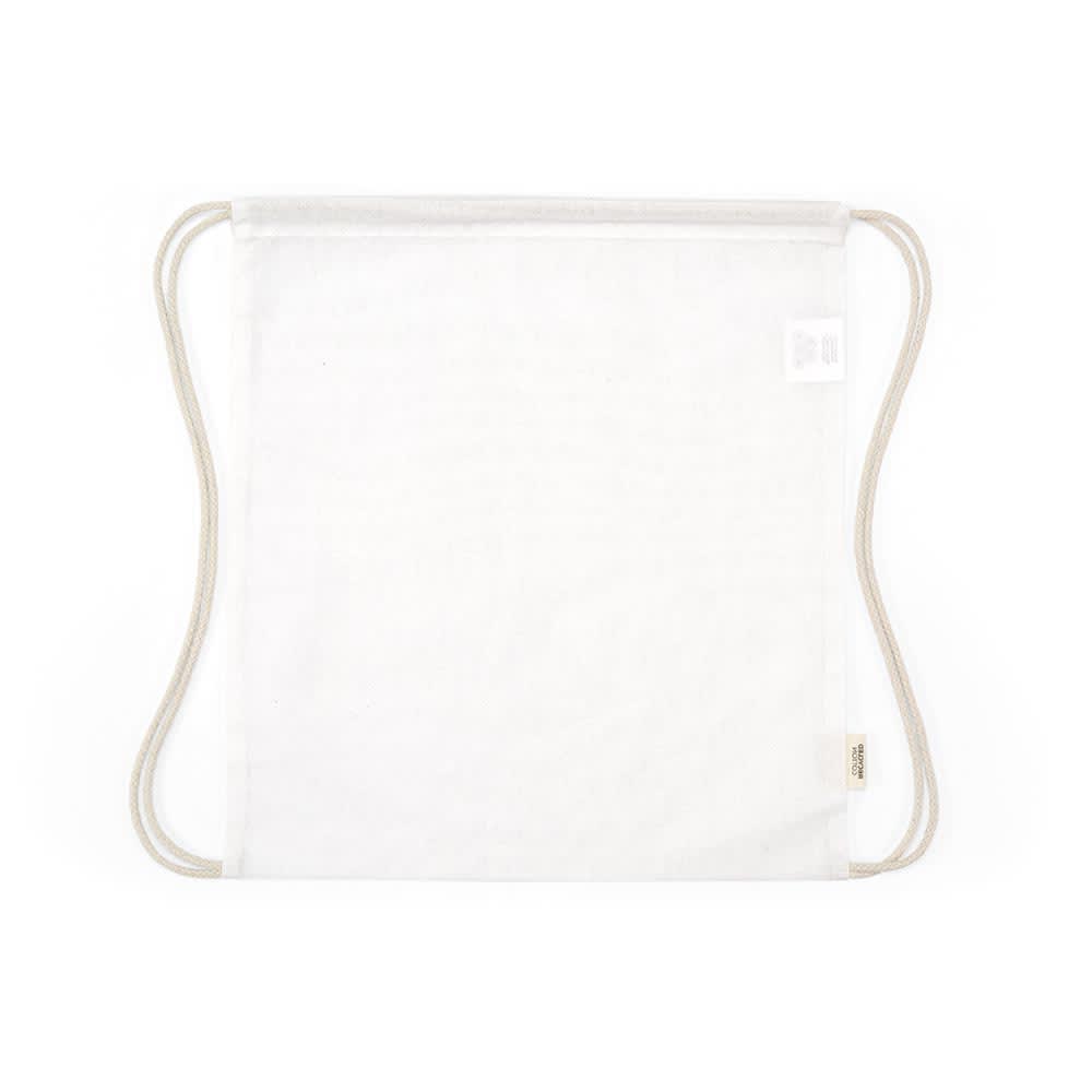 A light-coloured drawstring bag with cotton rope straps and a simple design, featuring a branding logo.