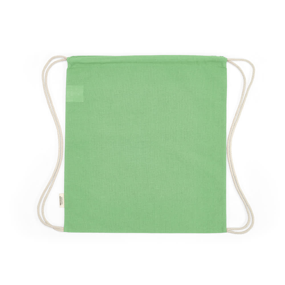 A green drawstring bag with rCotton material and natural rope straps, featuring a logo.