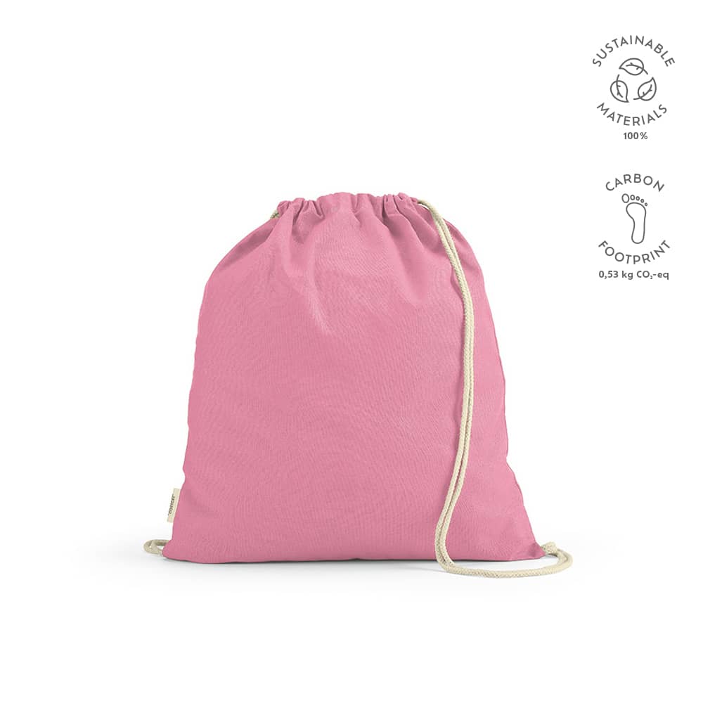 A pink Lhotse drawstring bag made from rCotton with cream rope straps. The bag has a logo.