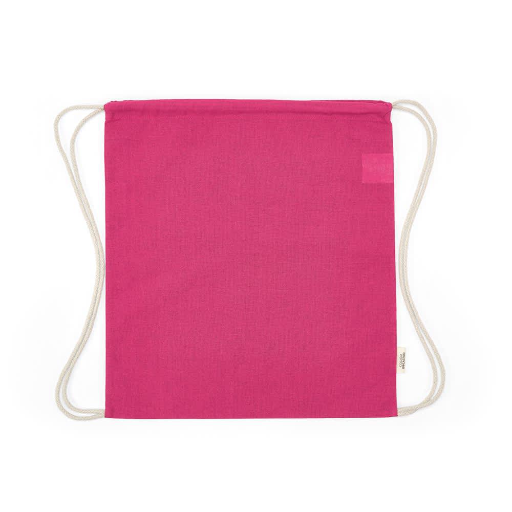 A pink drawstring bag made of rCotton, featuring rCotton rope straps and a small logo.