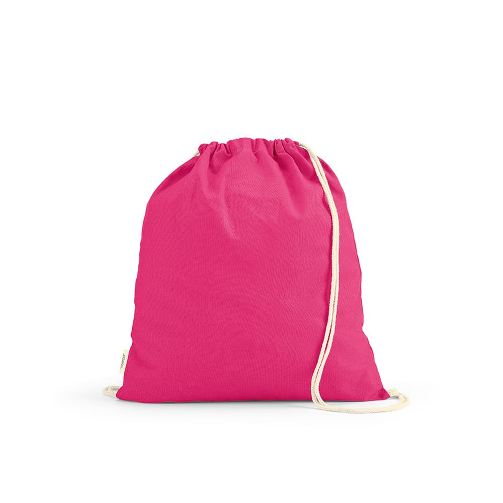A pink drawstring bag with cream rope straps and a branding logo.