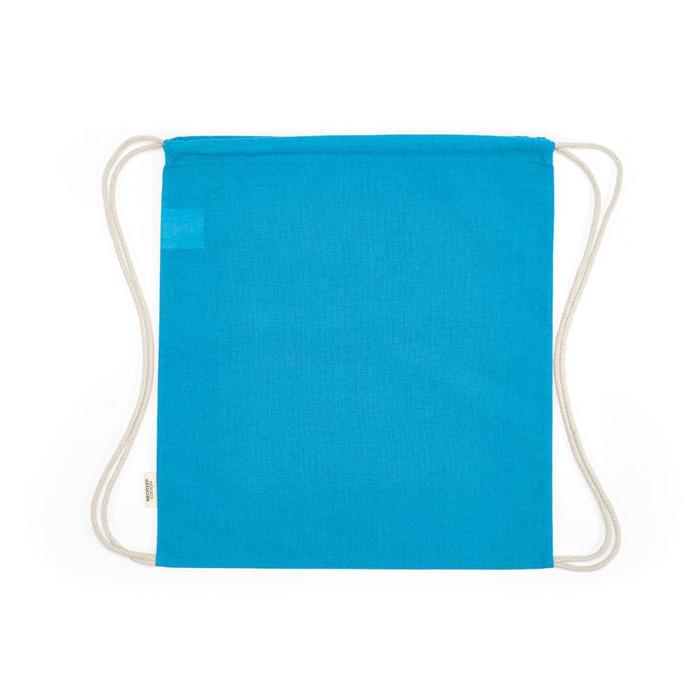 A blue drawstring bag with cream rope straps and a logo. The bag is made from rCotton, 140gsm.
