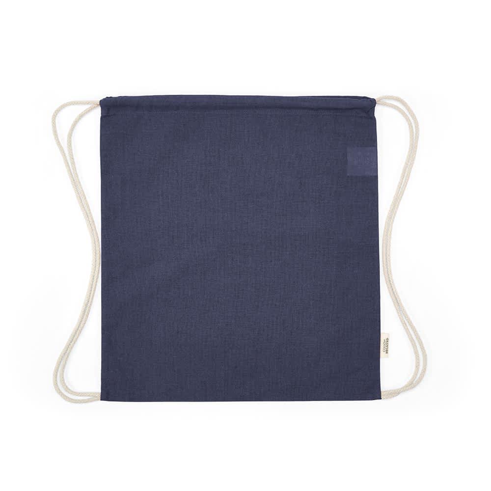 A navy drawstring bag made from rCotton with cream-coloured rope straps and a small logo.