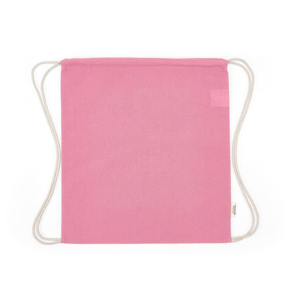 A pink drawstring bag made of rCotton with beige rope straps and a small logo on the side.