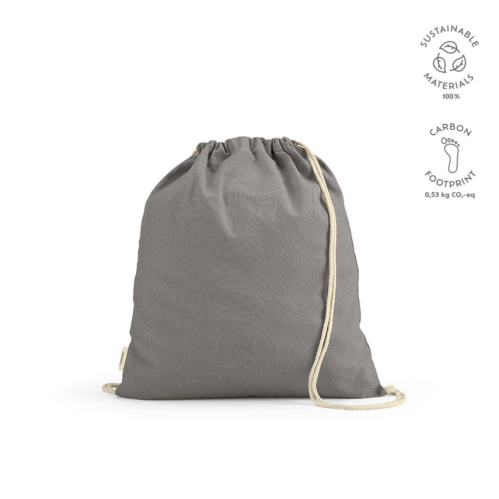 A grey drawstring bag made from sustainable materials with cream rope straps and a logo.