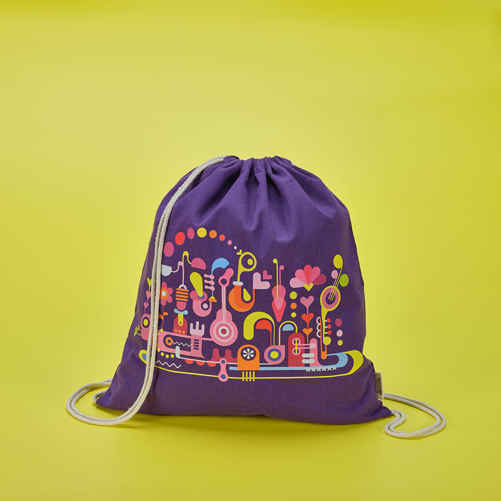 A purple drawstring bag with vibrant, playful patterns in various colours and rCotton rope straps.