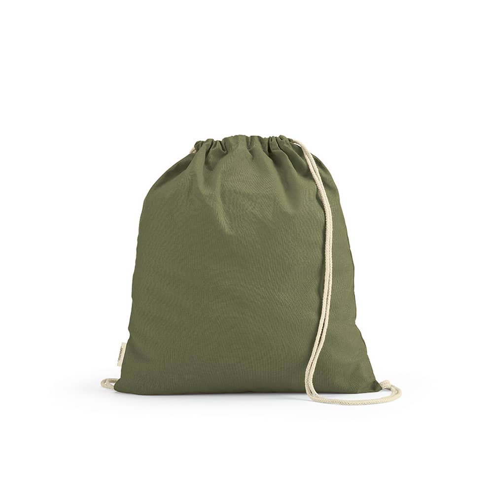 A green drawstring bag with natural rope straps and a small logo detail.