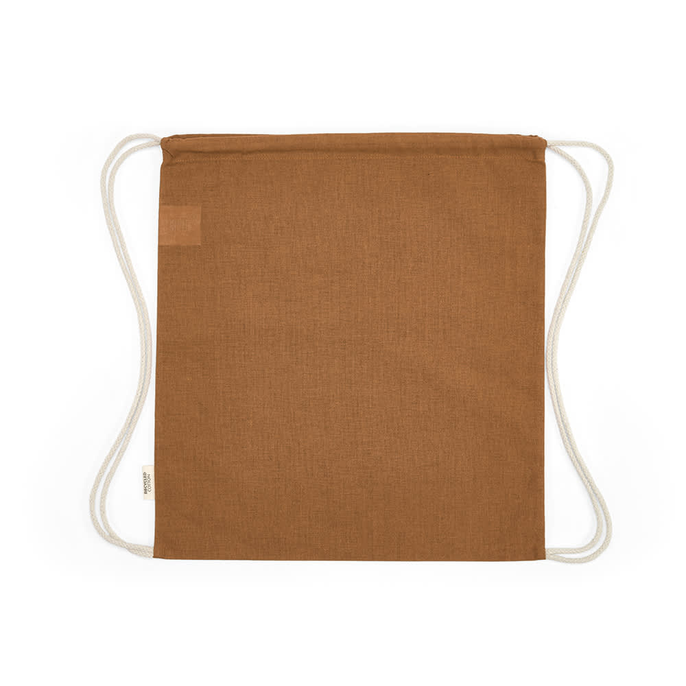A brown drawstring bag made from rCotton with white rope straps, featuring a small logo.
