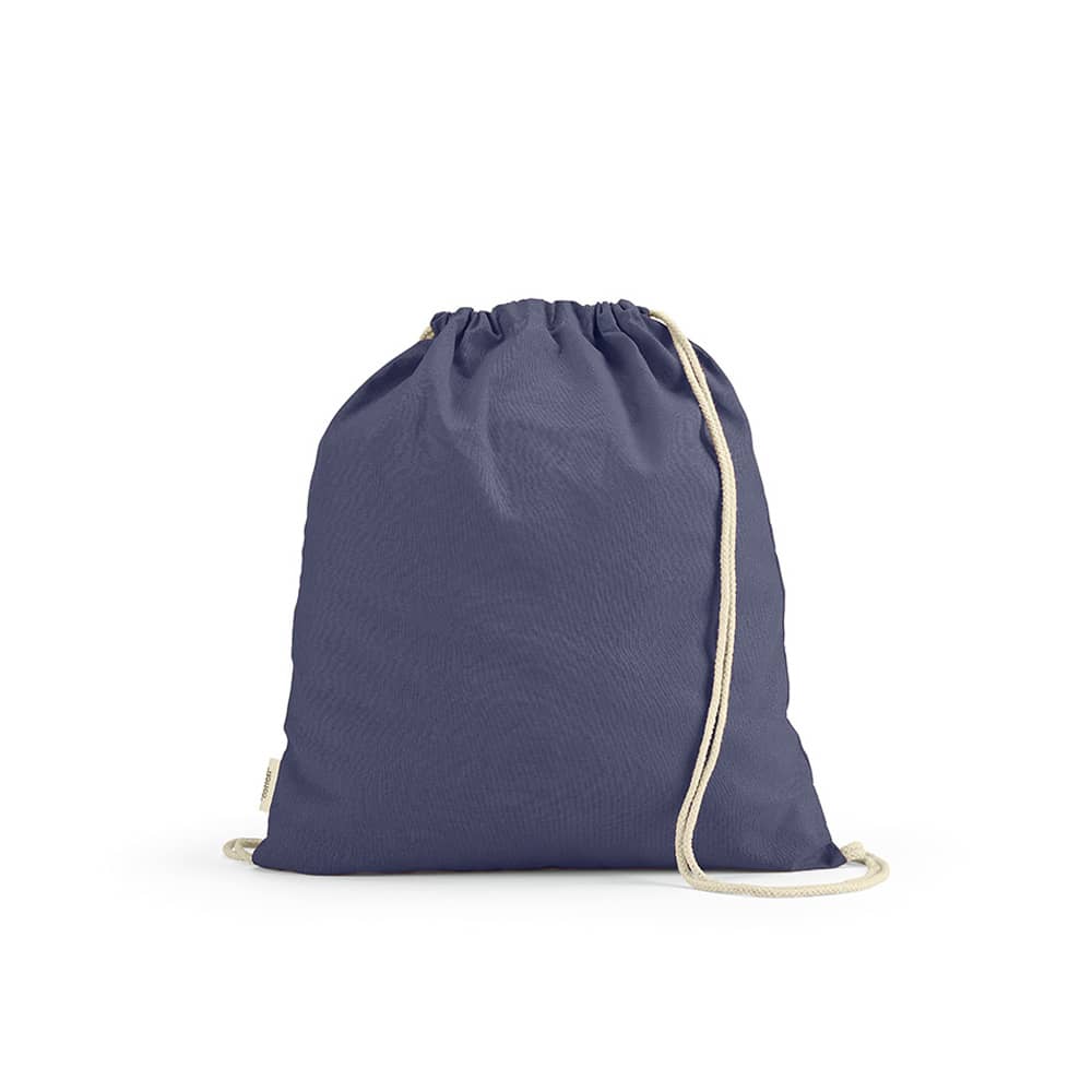 A dark navy drawstring bag with cream rope straps and a small logo. Made from rCotton fabric, 140gsm.