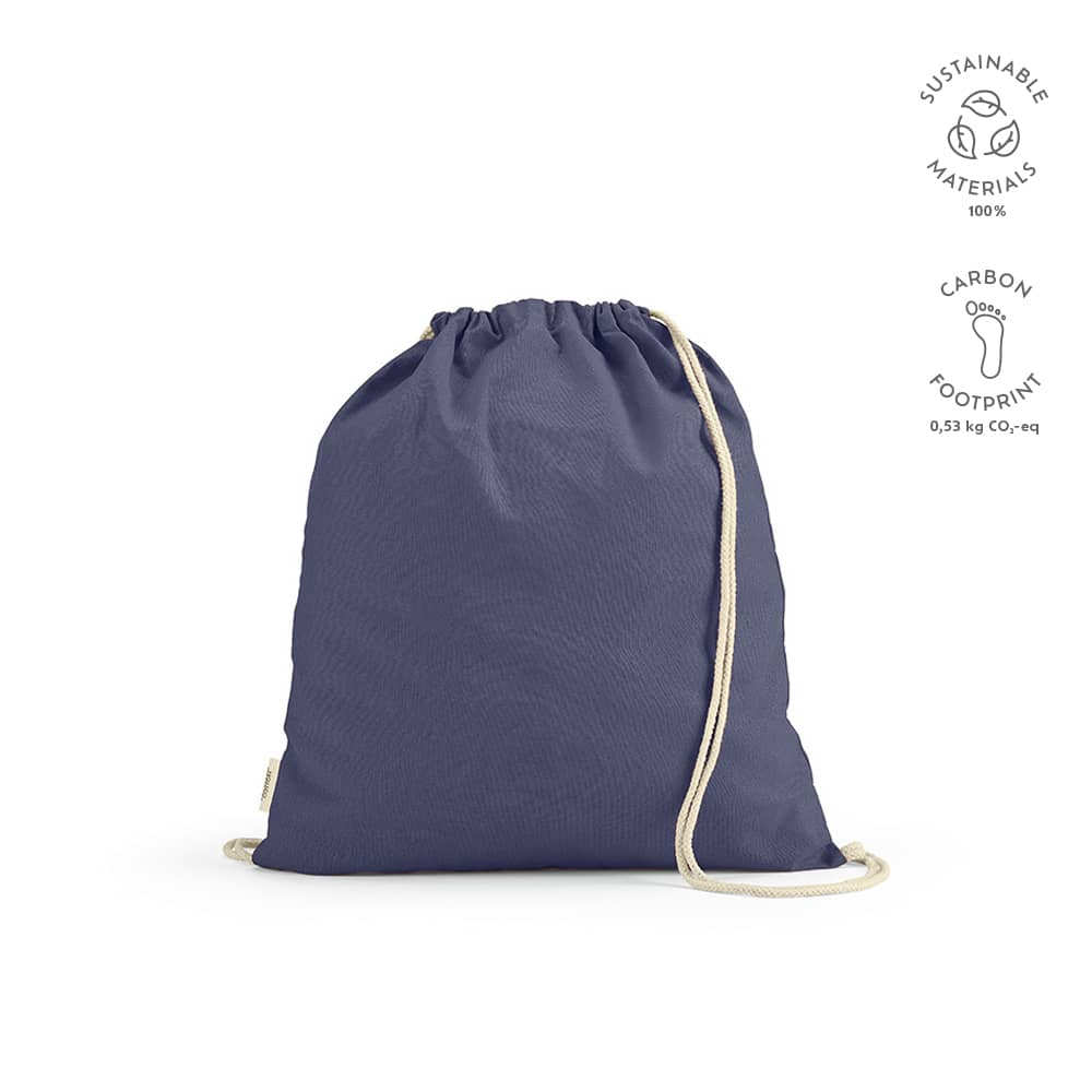 A navy drawstring bag with natural cotton rope straps and a logo, made from sustainable materials.