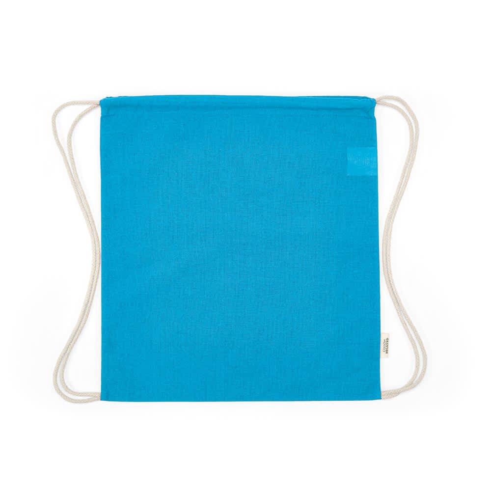 A blue drawstring bag with cream-coloured rope straps and a small logo on one side.