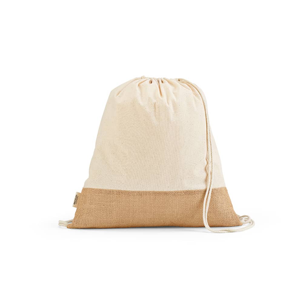 A drawstring bag made of cotton and jute, featuring a cream upper section and a tan bottom edge.