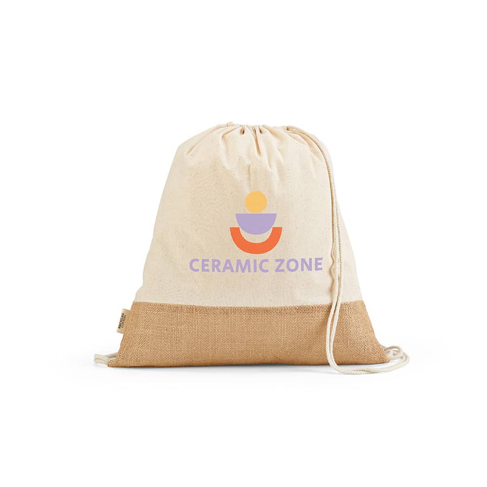 A beige drawstring bag made of cotton with a jute base, featuring a logo.