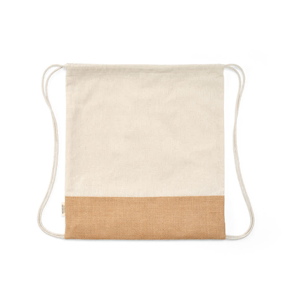 A drawstring bag featuring a cream cotton upper and a jute lower section, with cord straps and a logo.