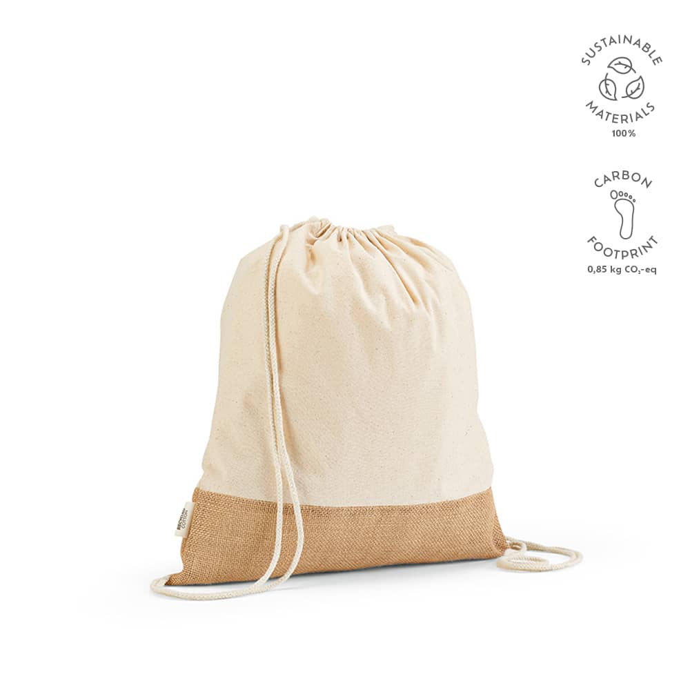A drawstring bag made from cream cotton and jute, featuring a logo and sustainable materials tag.