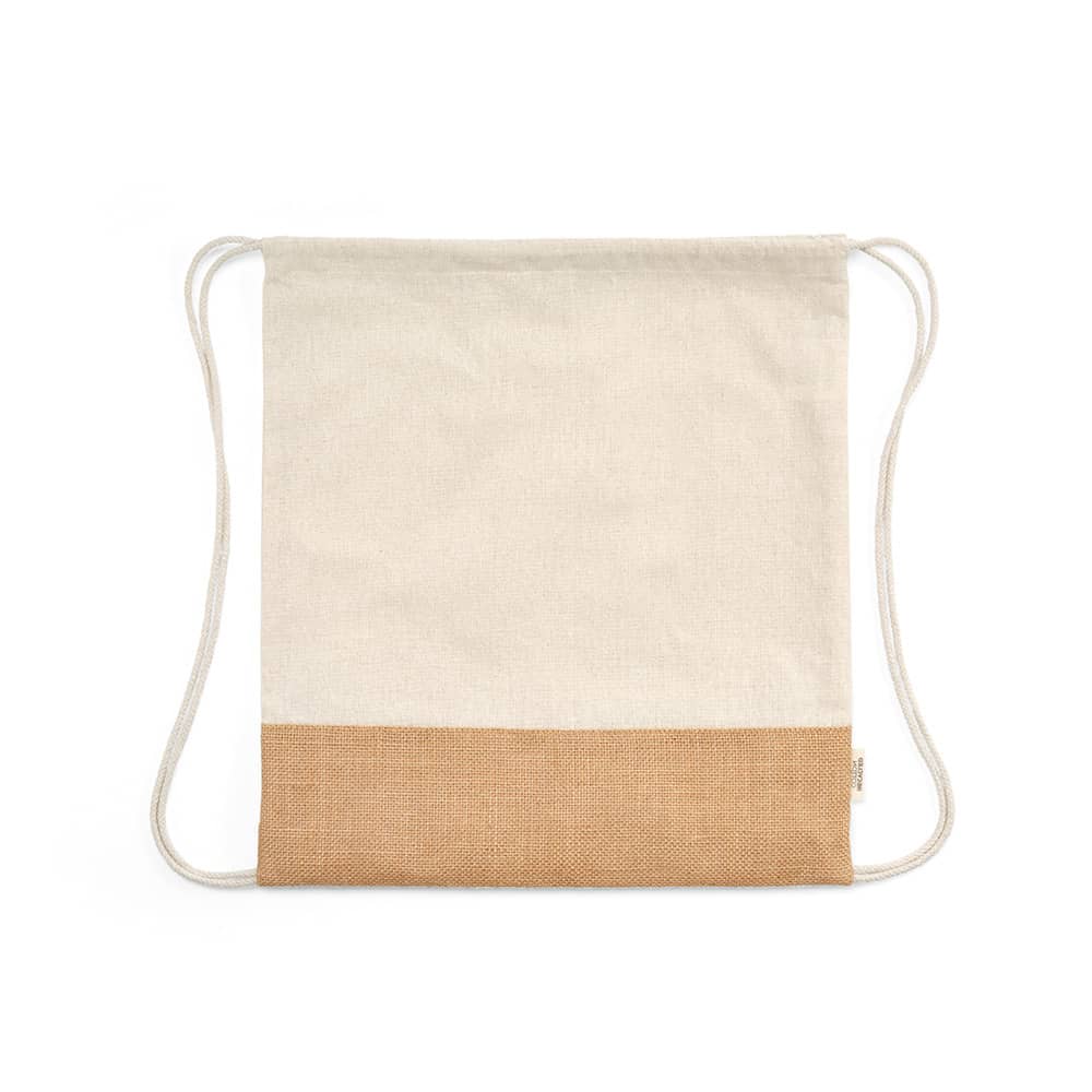 A drawstring bag featuring a cream cotton top and a jute bottom, complemented by sturdy drawstrings.