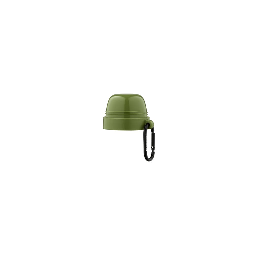 A drink bottle lid in olive green with a black carabiner attached. The lid has a smooth, rounded design.