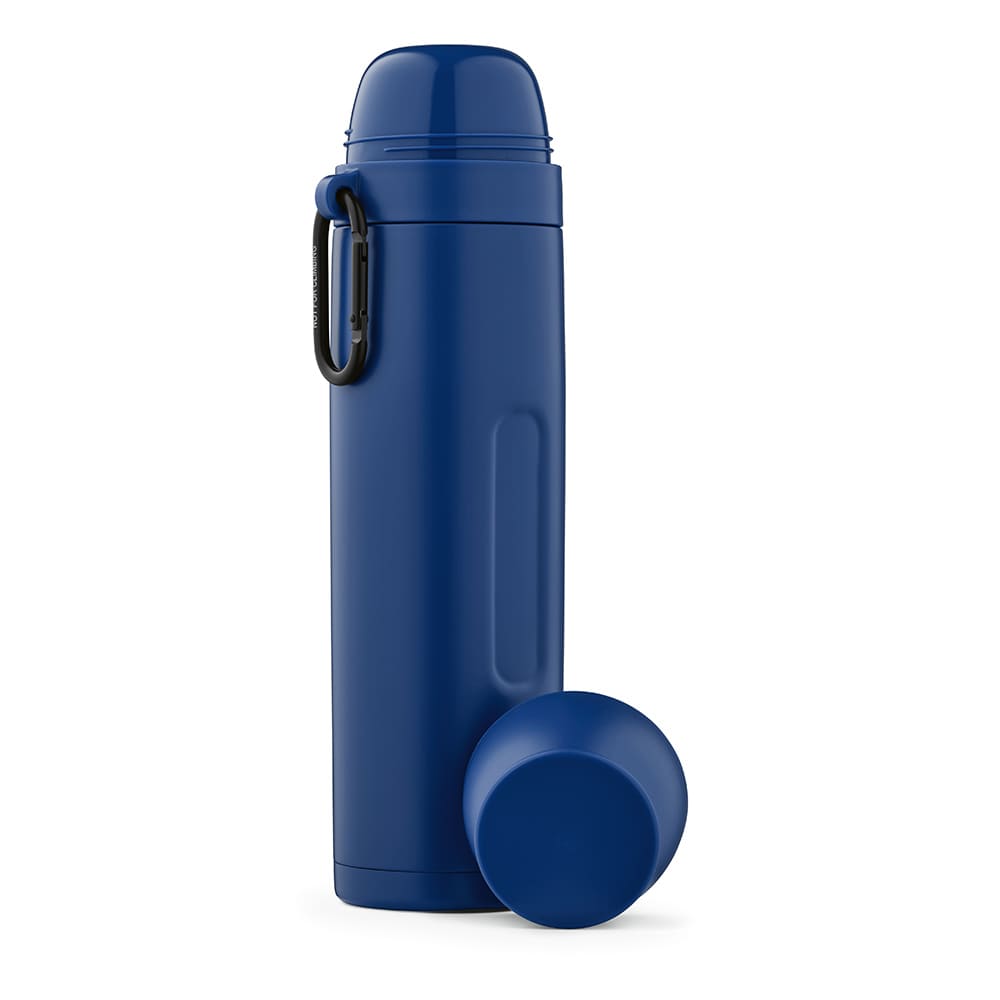 A drink bottle in navy blue, featuring a carabiner and two cups. It has a simple design and a logo.
