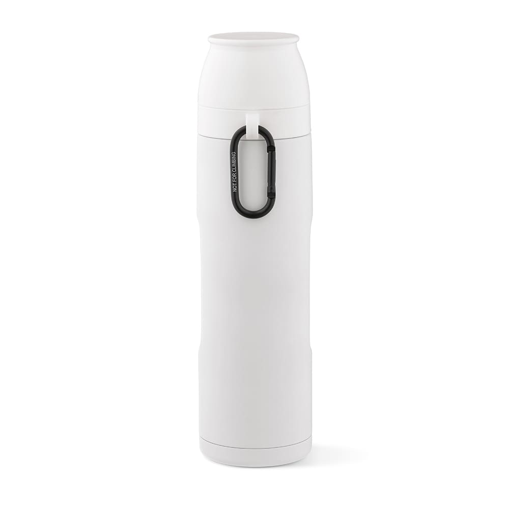 A drink bottle in white, featuring a carabiner and two cups included. It has a logo on the side.