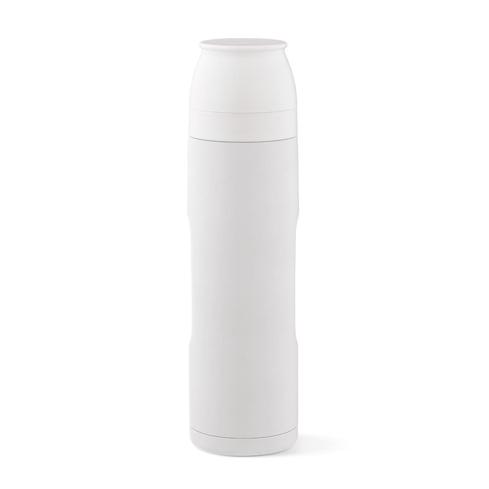 A drink bottle in white, featuring a secure lid, two cups, and a carabiner attachment. It has a logo.