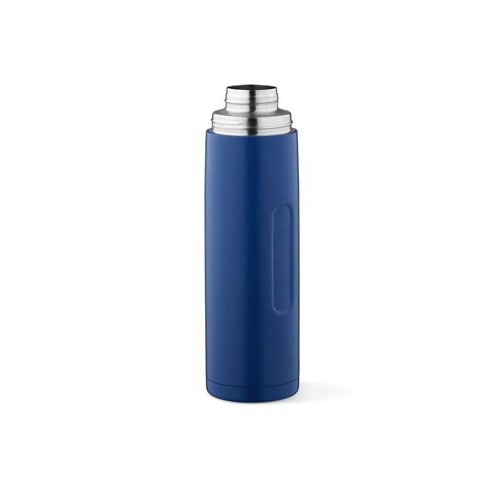 A drink bottle in blue with a stainless steel cap, featuring a handle and a logo.
