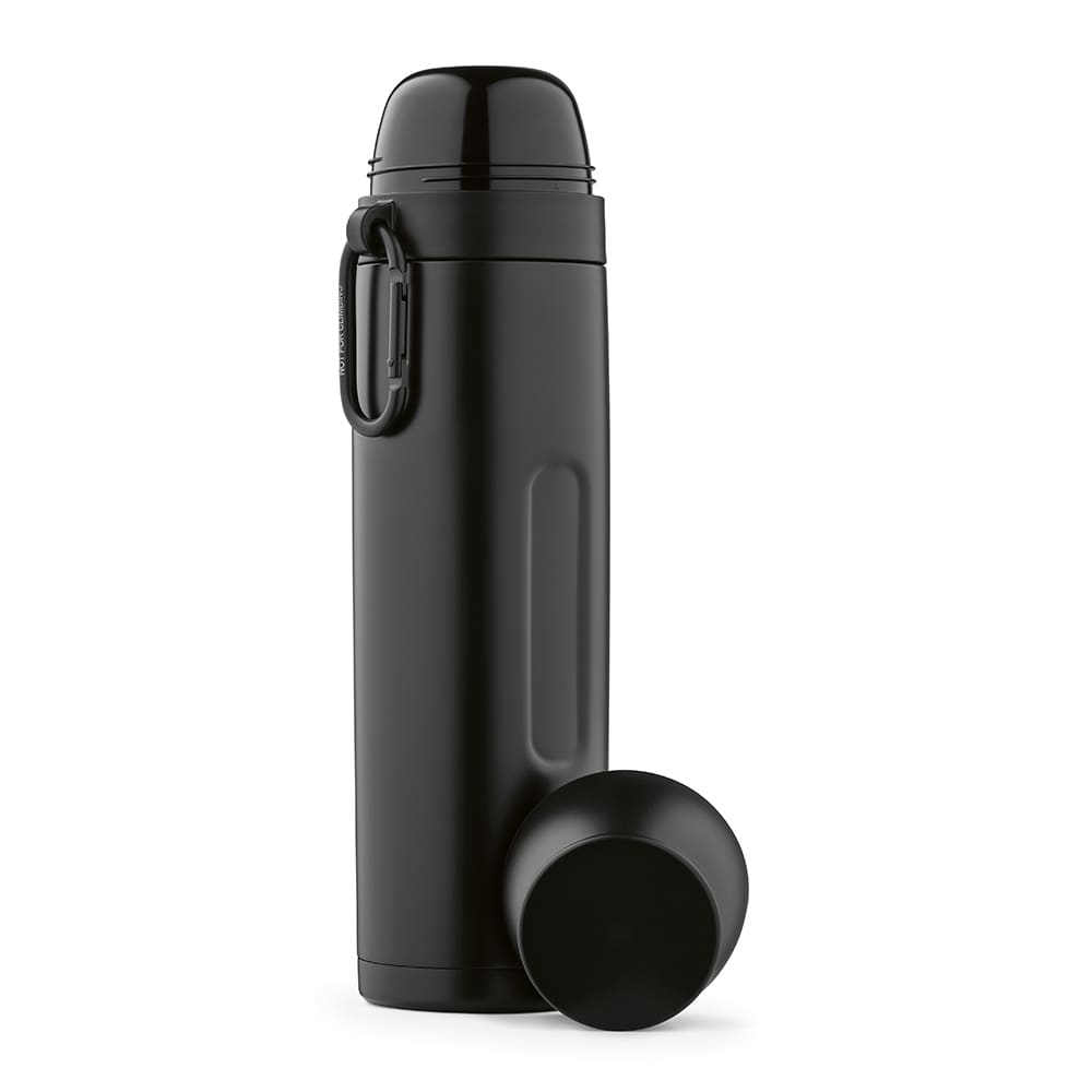 A black thermos with a carabiner and two cups, featuring a sleek design. It has a logo on it.