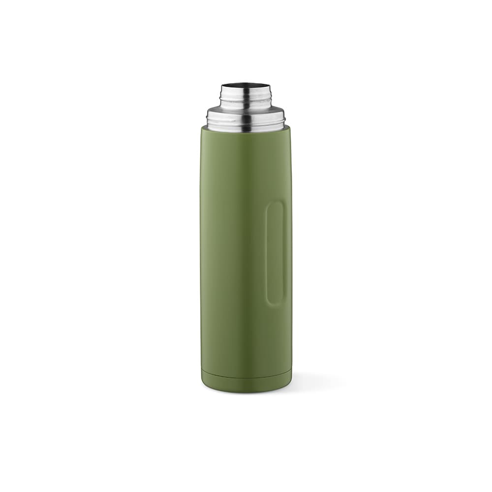 A drink bottle in matte olive green with a stainless steel lid and a side handle. Includes a branding logo.