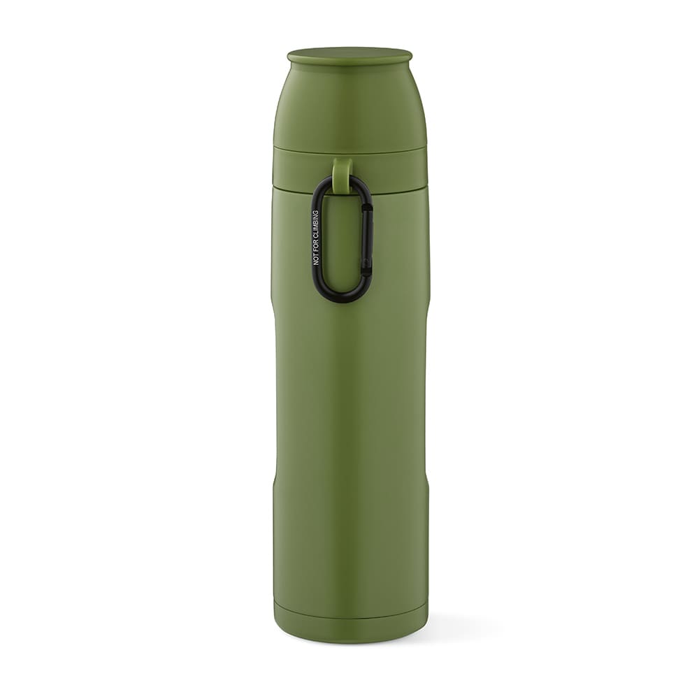 A drink bottle in olive green with a screw-top lid, includes two cups and a carabiner for easy attachment.
