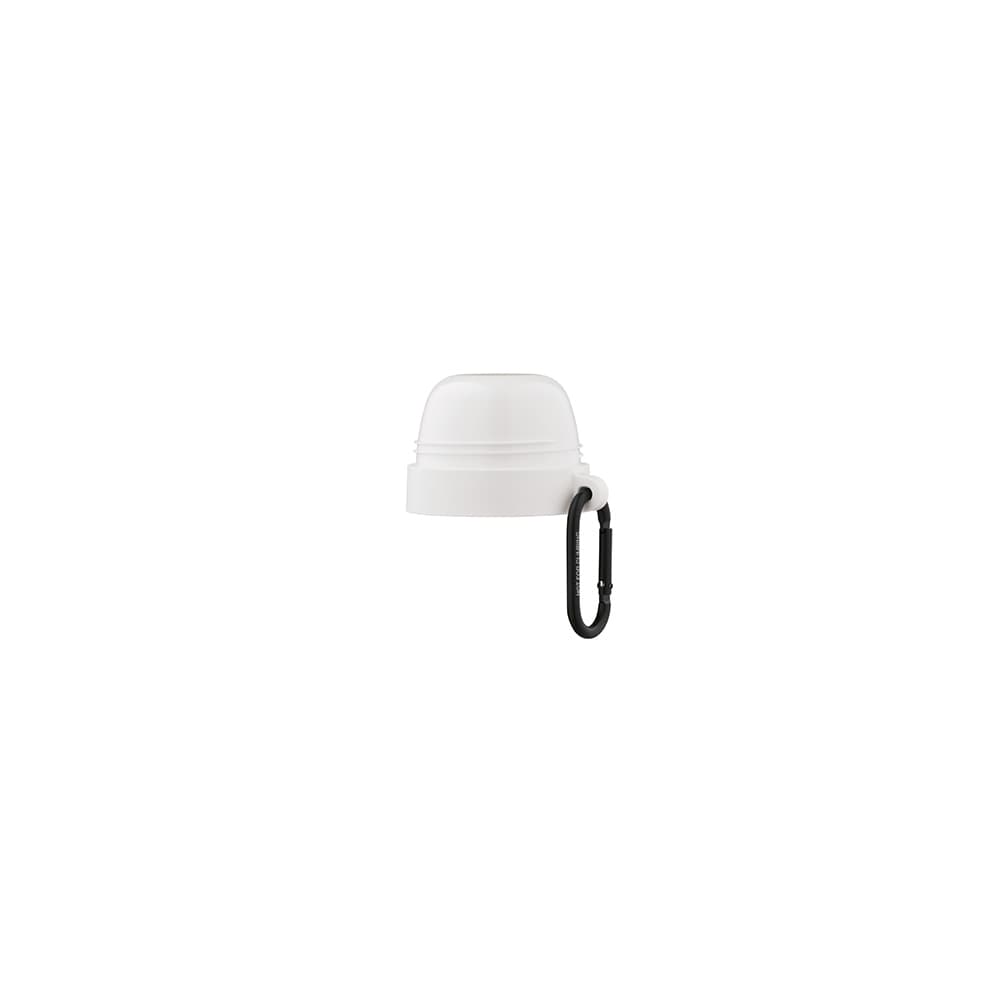 A drink bottle lid with a black carabiner, featuring a white cap design.