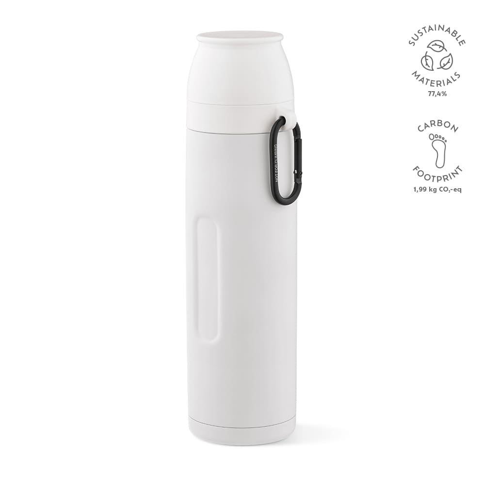 A drink bottle in white with a carabiner and two cups, featuring a logo on the side.