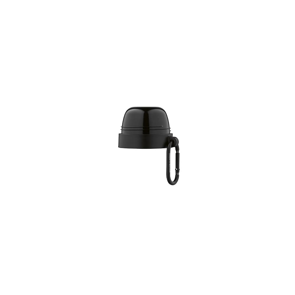 A drink bottle cap in black with a carabiner attached, designed for the Flinders Thermos.