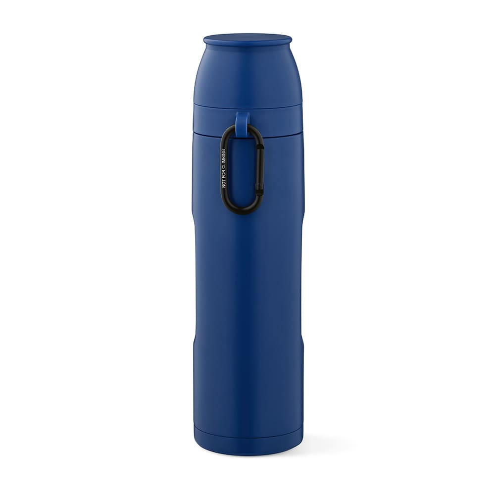 A drink bottle in blue featuring a carabiner and two cups, designed for portability and convenience.