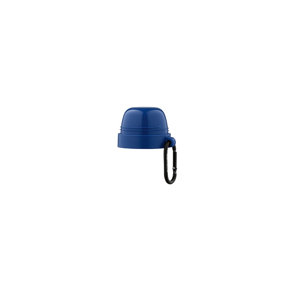 A drink bottle cap in blue with a carabiner attached. Features a smooth, rounded design.