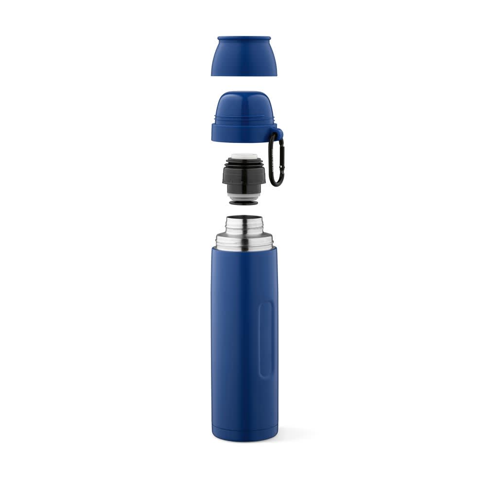 A drink bottle in blue, featuring a detachable lid, a carabiner, and two cups. It has a sleek design with a logo.