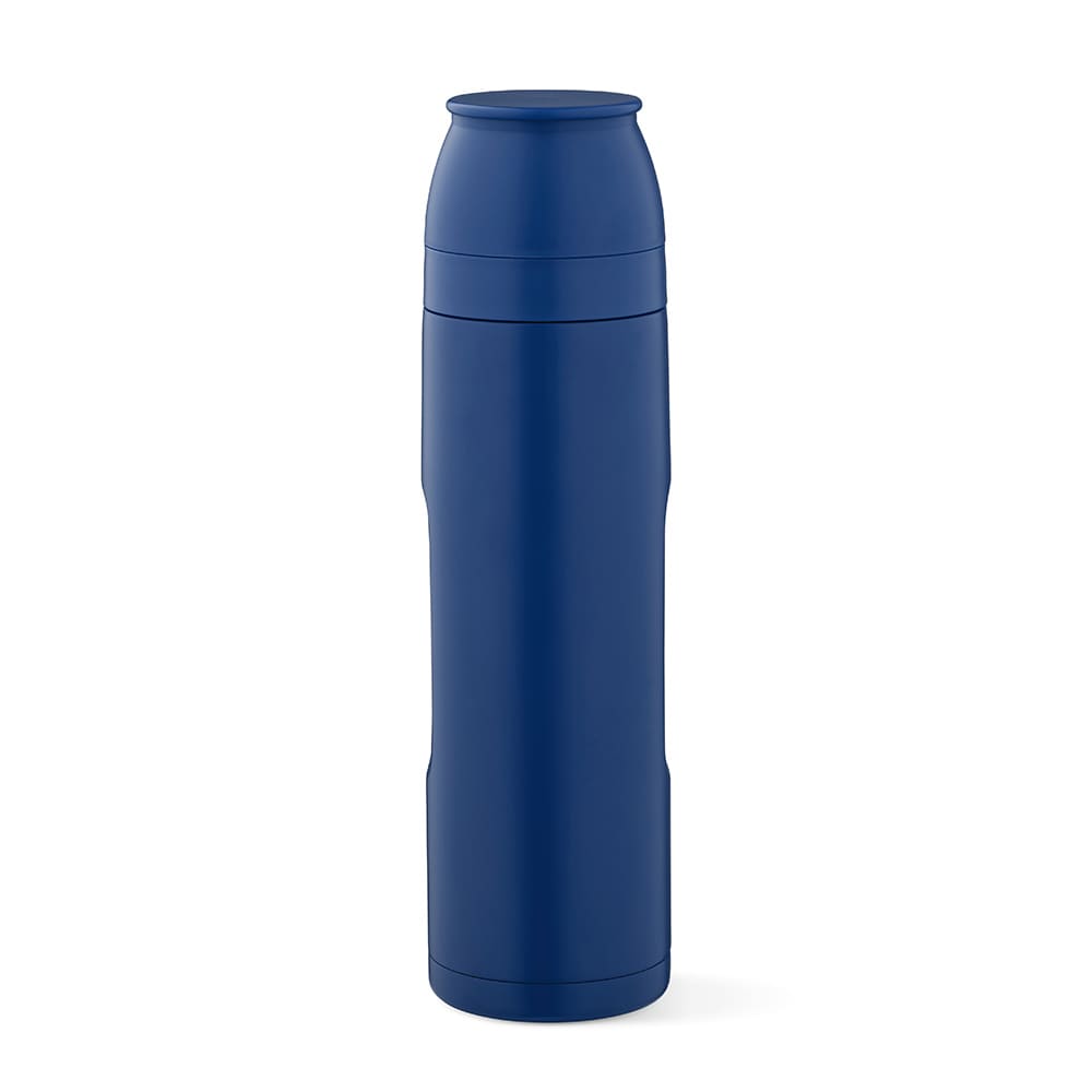 A drink bottle in navy blue, featuring a sleek design, two cups, and a carabiner attachment.