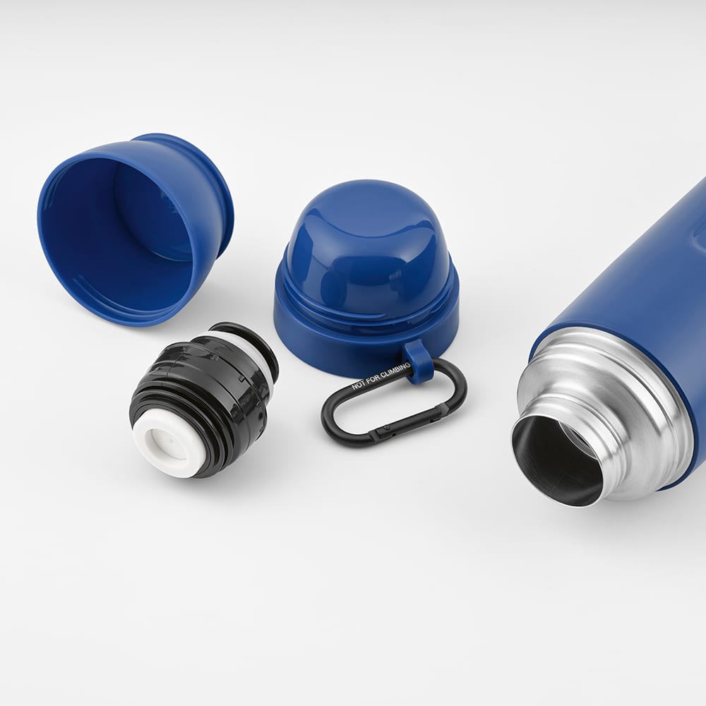 A drink bottle in blue, featuring a silver spout, black lid, two cups, and a carabiner attachment.