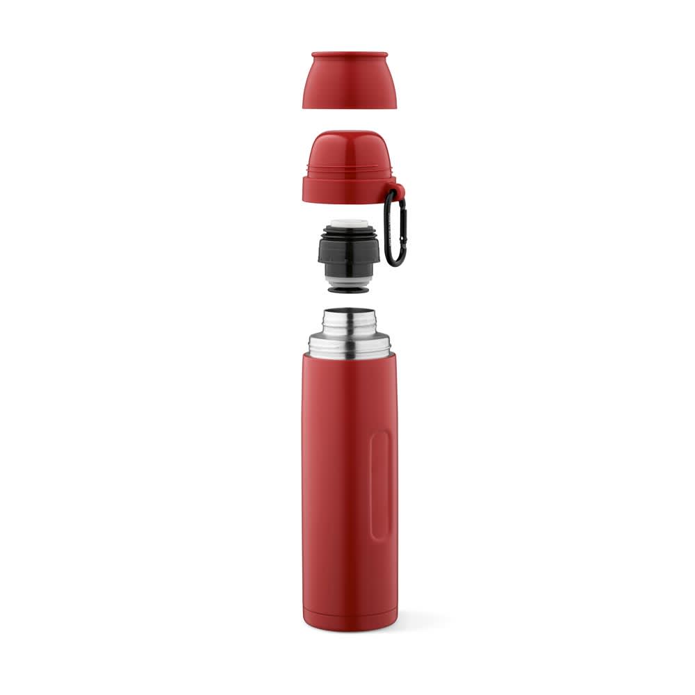 A drink bottle in red, featuring a removable lid, carabiner, and two cups for easy sharing.