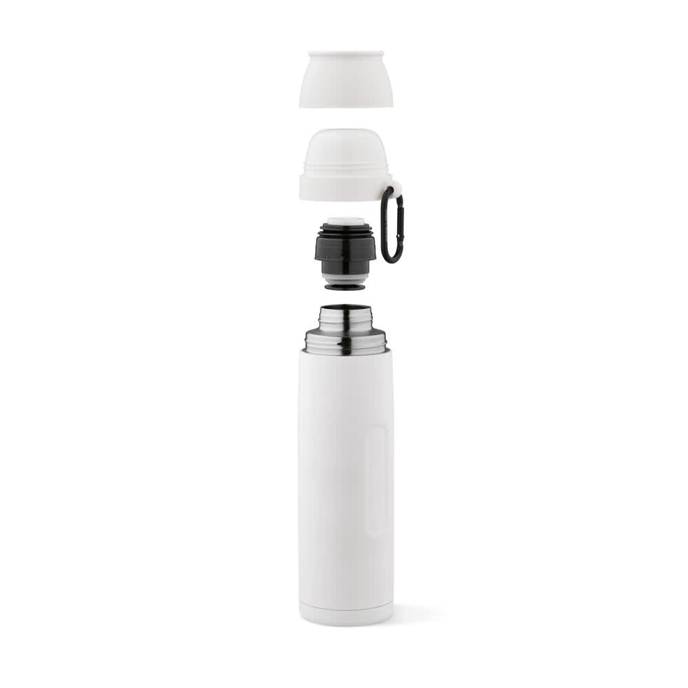 A drink bottle in white with a detachable cap and a carabiner, featuring two cups and a sleek design.