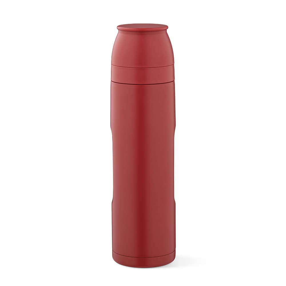 A drink bottle in red with a sleek design, featuring two cups and a carabiner, and a visible logo.